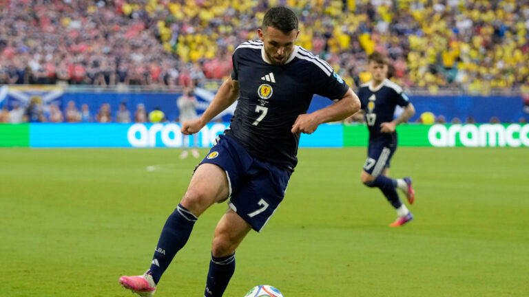 Scotland's John McGinn (7) controls the ball during the World Cup Group C soccer match between Scotland and Brazil in Miami Gardens, Fla., Wednesday, June 24, 2026. (Lynne Sladky/AP)