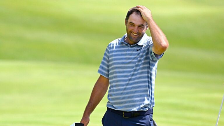 Scottie Scheffler reacts after finishing the second round of the Travelers Championship golf tournament at TPC River Highlands, Friday, June 26, 2026, in Cromwell, Conn. (Jessica Hill/AP)