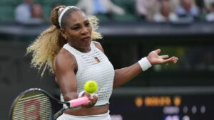 Serena Williams of the United States plays a forehand against Maya Joint of Australia in their first round women's singles match at the Wimbledon Tennis Championships in London, Tuesday, June 30, 2026. (Maja Smiejkowska/AP)