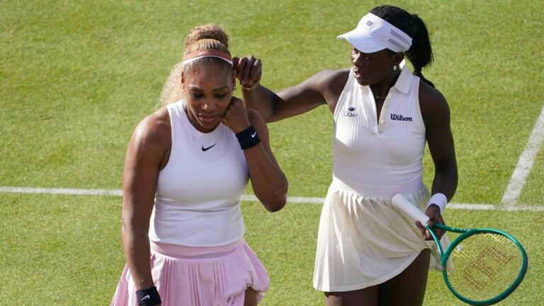 Serena Williams of the United States, left, talks to playing partner Victoria Mboko of Canada as they play against Nicole Melichar-Martinez of Canada and Erin Routliffe of New Zealand during their first round doubles match at the Queen's Club tennis championships in London, Tuesday, June 9, 2026. (Alberto Pezzali/AP)