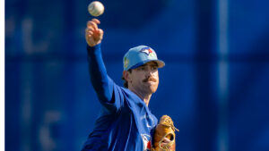 Toronto Blue Jays pitcher Shane Bieber throws at Spring Training in Dunedin, Fla. on Friday Feb. 20, 2026. (Frank Gunn/CP)