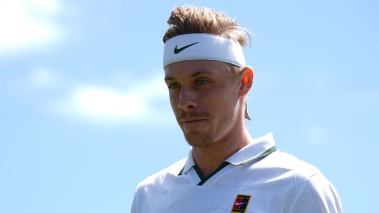 Denis Shapovalov of Canada looks on during his match against Pablo Carreno Busta of Spain in the first round men's singles match at the Wimbledon Tennis Championships in London, Monday, June 29, 2026. (Maja Smiejkowska/AP)