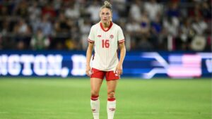Canada forward Janine Sonis (16) in action during the second half of an international friendly soccer match against the United States, Wednesday, July 2, 2025, in Washington. (Nick Wass/AP)