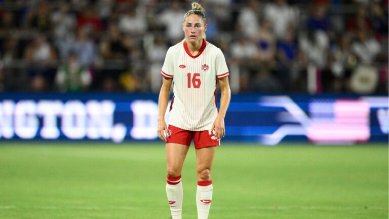 Canada forward Janine Sonis (16) in action during the second half of an international friendly soccer match against the United States, Wednesday, July 2, 2025, in Washington. (Nick Wass/AP)