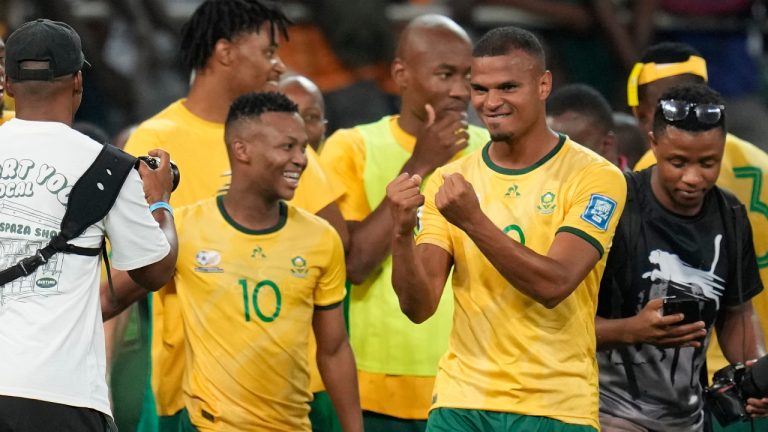 South Africa players celebrate after a World Cup 2026 group C qualifying soccer match between South Africa and Rwanda at Mbombela Stadium, in Nelspruit, South Africa, Tuesday, Oct. 14, 2025. (Themba Hadebe/AP)