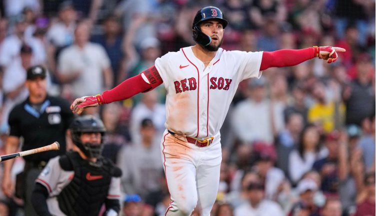 Boston Red Sox's Wilyer Abreu watches the flight of his two-run home run during the third inning of a baseball game against the Baltimore Orioles, Wednesday, June 3, 2026, in Boston. (Charles Krupa/AP Photo)