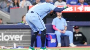 Toronto Blue Jays designated hitter George Springer (4) reacts after being struck out by Houston Astros pitcher Mike Burrows (50) during sixth inning MLB baseball action in Toronto on Wednesday June 24, 2026. (Chris Young/THE CANADIAN PRESS)