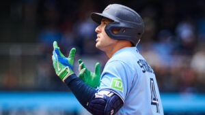 Toronto Blue Jays' George Springer (4) reacts after flying out to end the inning against the Baltimore Orioles during sixth inning MLB baseball action in Toronto, on Sunday, June 7, 2026. (Sammy Kogan/CP)