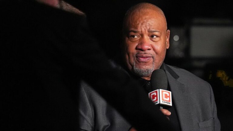 Chicago Bulls television announcer Stacey King attends the first half of an NBA basketball game, Nov. 17, 2025, in Denver. (David Zalubowski/AP)