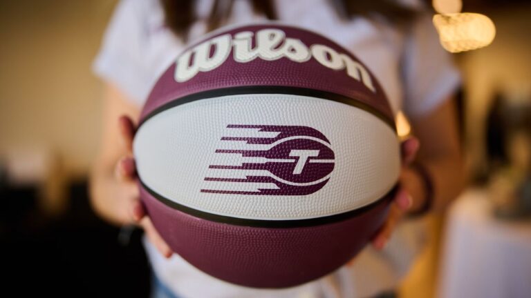 A Toronto Tempo logo on a basketball is shown as members of the media watch a broadcast of the WNBA Expansion Draft in Toronto, on Friday, April 3, 2026. (Sammy Kogan/CP)