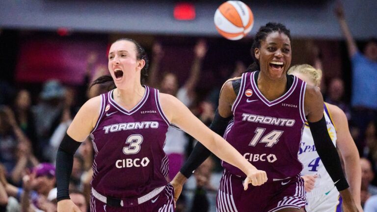 Toronto Tempo's Marina Mabrey (3) celebrates alongside Temi Fagbenle (14) after scoring against the Los Angeles Sparks during second half WNBA basketball action in Toronto, on Thursday, June 25, 2026. (Sammy Kogan/CP)
