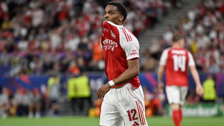 Arsenal's Jurrien Timber reacts during the Champions League final soccer match between Paris Saint-Germain and Arsenal in Budapest, Hungary, Saturday, May 30, 2026. (Denes Erdos/AP)