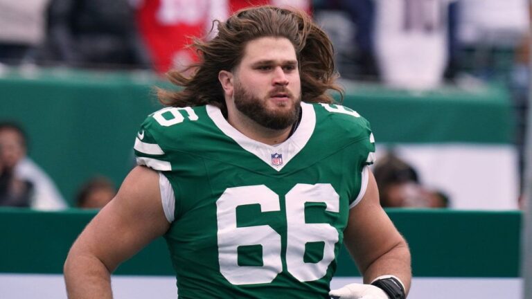 New York Jets guard Joe Tippmann (66) enters onto the field before an NFL football game against the New England Patriots, Dec. 28, 2025 in New York. (Vera Nieuwenhuis/AP)
