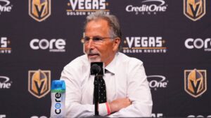 Vegas Golden Knights head coach John Tortorella speaks to the media after an NHL hockey game against the Vancouver Canucks Monday, March 30, 2026, in Las Vegas. (Candice Ward/AP)