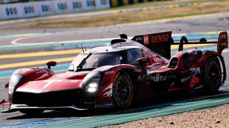 Toyota Gazoo Racing car (starting no. 7) a Toyota GR010 Hybrid with Mike Conway of Great Britain, Kamui Kobayashi of Japan and Nyck de Vries of the Netherlands races during the 24-hour Le Mans endurance race. (Jeremias Gonzalez/AP)