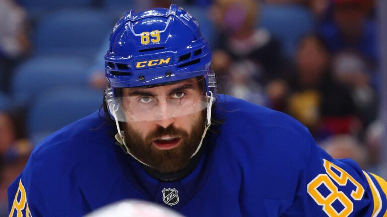 Buffalo Sabres right wing Alex Tuch (89) looks on during the second period in Game 7 of a second-round NHL hockey Stanley Cup playoff series against the Montreal Canadiens Monday, May 18, 2026, in Buffalo, N.Y. (Jeffrey T. Barnes/AP)