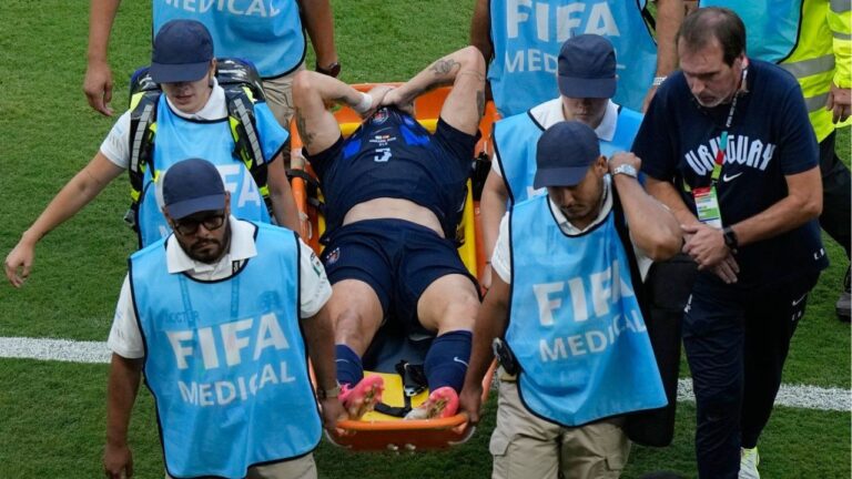 Uruguay's Manuel Ugarte (5) is carried off the field on a stretcher after an injury during the World Cup Group H soccer match between Uruguay and Spain in Zapopan, near Guadalajara, Mexico, Friday, June 26, 2026. (Fernando Llano/AP)