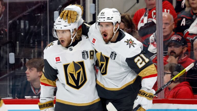 Vegas Golden Knights' Brett Howden (21) celebrates his goal with William Karlsson (71) during the first period in Game 2 of the NHL hockey Stanley Cup Final series against the Carolina Hurricanes in Raleigh, N.C., Thursday, June 4, 2026. (Karl DeBlaker/AP)