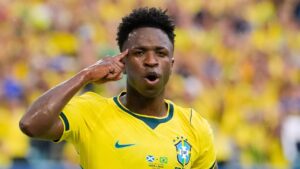 Brazil's Vinicius Junior (7) celebrates after scoring his team's second goal during the World Cup Group C soccer match between Scotland and Brazil in Miami Gardens, Fla., Wednesday, June 24, 2026. (Rebecca Blackwell/AP Photo)