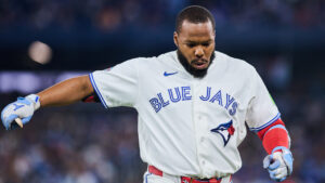 Toronto Blue Jays' Vladimir Guerrero Jr. (27) reacts as he heads back to the dugout during first inning MLB baseball action against the Philadelphia Phillies, in Toronto, on Tuesday, June 9, 2026. (Sammy Kogan/CP)
