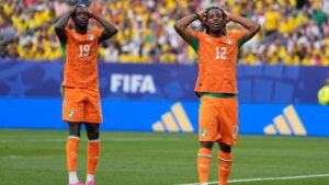 Ivory Coast's Elye Wahi, right, and teammate Nicolas Pepe react after missing a chance to score against Ecuador during a World Cup Group E soccer match in Philadelphia, Sunday, June 14, 2026. (Matt Slocum/AP)