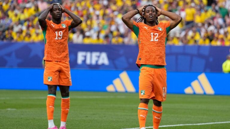 Ivory Coast's Elye Wahi, right, and teammate Nicolas Pepe react after missing a chance to score against Ecuador during a World Cup Group E soccer match in Philadelphia, Sunday, June 14, 2026. (Matt Slocum/AP)