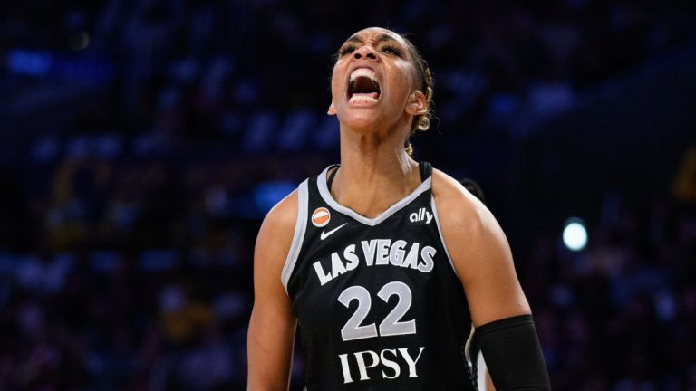 Las Vegas Aces center A'ja Wilson (22) reacts during a WNBA basketball game against the Los Angeles Sparks in Los Angeles, Sunday, May 10, 2026. (Kyusung Gong/AP Photo)