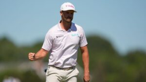 Wyndham Clark celebrates after a putt on the fourth hole during the final round of the U.S. Open golf tournament at Shinnecock Hills Golf Club in Southampton, N.Y., Sunday, June 21, 2026. (Gerald Herbert/AP)