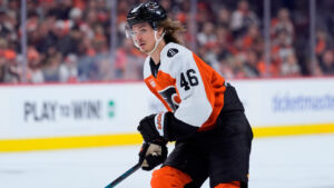 Philadelphia Flyers' Trevor Zegras plays during Game 6 in the first round of the NHL hockey Stanley Cup playoffs series Wednesday, April 29, 2026, in Philadelphia. (Matt Slocum/AP)