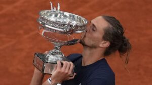 Germany's Alexander Zverev celebrates after winning the final tennis match against Italy's Flavio Cobolli at the French Open in Paris, Sunday, June 7, 2026. (Thibault Camus/AP)
