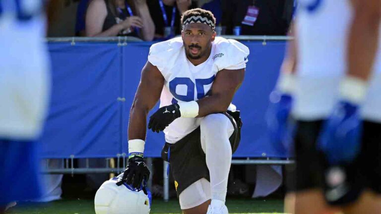 Los Angeles Rams linebacker Myles Garrett takes a breather during an NFL football training camp Monday, July 27, 2026, in Los Angeles. (Wally Skalij/AP)