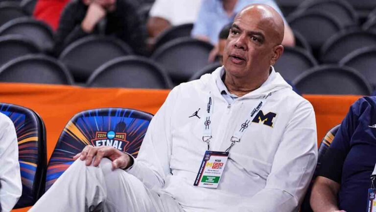 Michigan athletic director Warde Manuel watches Michigan practice ahead of an NCAA college basketball tournament semifinal game against Arizona at the Final Four, April 3, 2026, in Indianapolis. (Michael Conroy/AP)