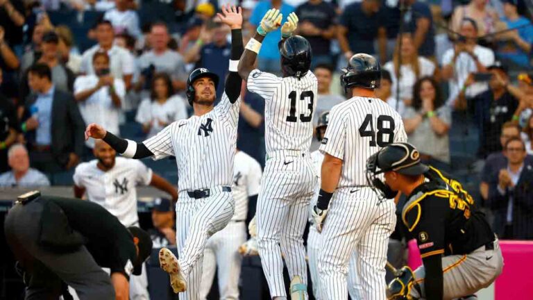 New York Yankees' Cody Bellinger, center left, and Jazz Chisholm Jr. (13) celebrate after Chisholm's home run against the Pittsburgh Pirates during the first inning of a baseball game, Monday, July 20, 2026, in New York. (Noah K. Murray/AP)