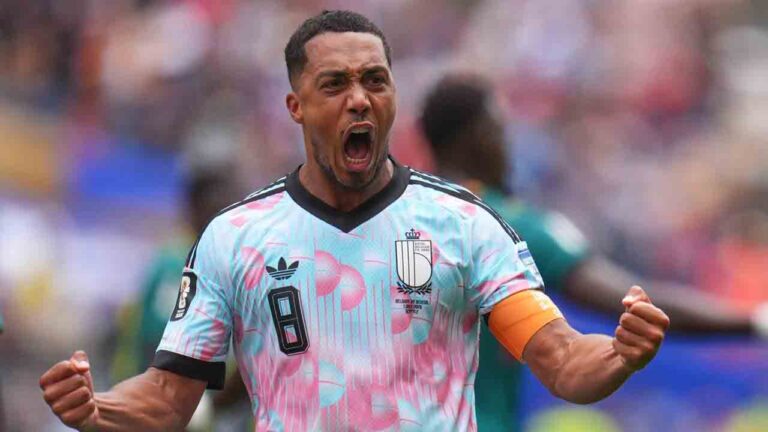 Belgium's Youri Tielemans (8) celebrates after scoring during the World Cup round of 32 soccer match between Belgium and Senegal in Seattle, Wednesday, July 1, 2026. (Manu Fernandez/AP)