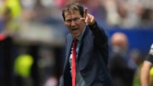 Belgium head coach Rudi Garcia reacts during the World Cup quarterfinal soccer match between Spain and Belgium in Inglewood, Calif., near Los Angeles, Friday, July 10, 2026. (Andre Penner/AP)