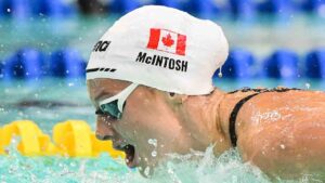 Summer McIntosh swims to a new world record during the women's 200-metre butterfly final at the Canadian Swimming Trials in Montreal, on Sunday, July 5, 2026. (Graham Hughes/CP)