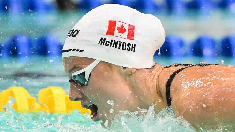 Summer McIntosh swims to a new world record during the women's 200-metre butterfly final at the Canadian Swimming Trials in Montreal, on Sunday, July 5, 2026. (Graham Hughes/CP)