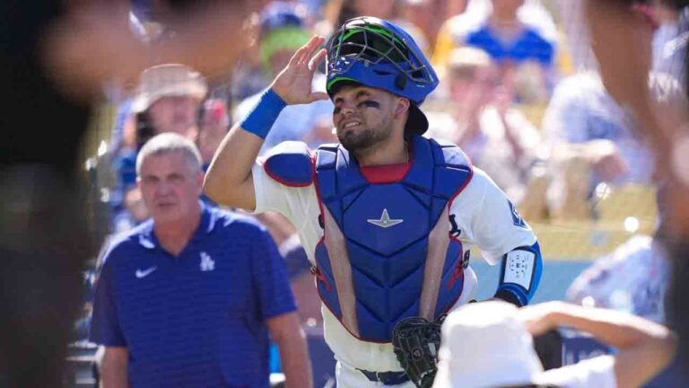 Los Angeles Dodgers catcher Eliezer Alfonzo looks toward the sky as he takes the field prior to a baseball game against the San Diego Padres, Sunday, July 5, 2026, in Los Angeles. (Mark J. Terrill/AP)