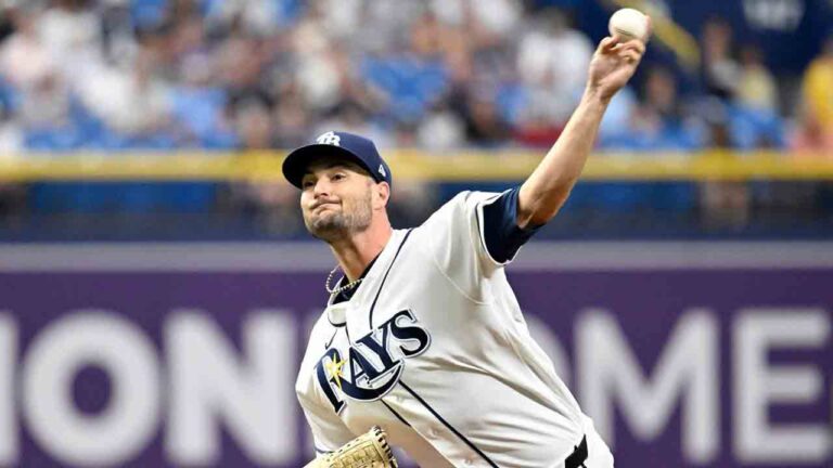 Tampa Bay Rays pitcher Shane McClanahan throws during the first inning of a baseball game against the New York Yankees Wednesday, July 8, 2026, in St. Petersburg, Fla. (Jason Behnken/AP)
