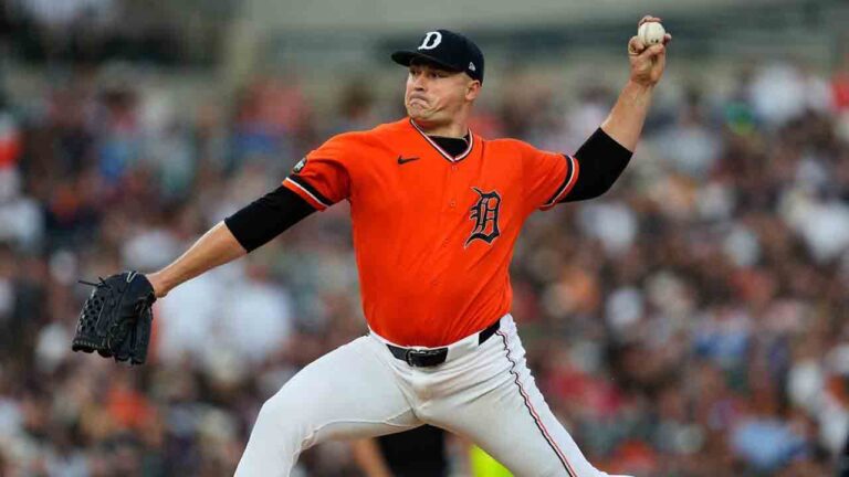 Detroit Tigers pitcher Tarik Skubal throws against the Kansas City Royals during the seventh inning of a baseball game Friday, July 24, 2026, in Detroit. (Paul Sancya/AP)