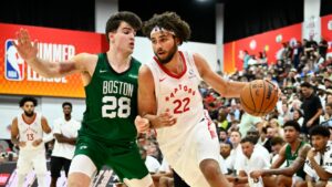 Allen Graves of the Toronto Raptors drives to the basket during the game against the Boston Celtics on July 10, 2026 at the Thomas & Mack Center in Las Vegas, Nevada. (Stephen Greathouse/NBAE via Getty Images)