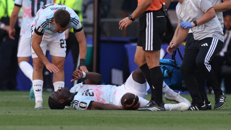 Belgium's Amadou Onana (24) lies on the field after an injury during the World Cup round of 16 soccer match between the United States and Belgium in Seattle, Monday, July 6, 2026. (Maddy Grassy/AP)