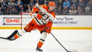 FILE - Anaheim Ducks defenseman Pavel Mintyukov (98) passes the puck against the Utah Mammoth during the second period of an NHL hockey game, March 20, 2026, in Salt Lake City. (Melissa Majchrzak/AP)