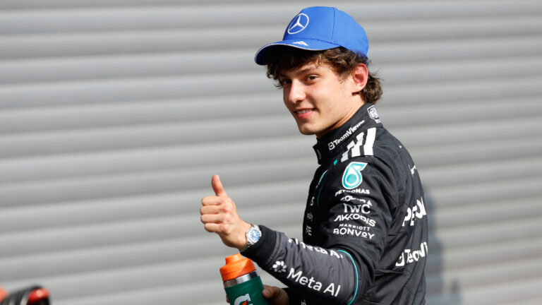 Mercedes driver Andrea Kimi Antonelli of Italy gives the thumbs up after clocking the fastest time during the qualifying session ahead of the Formula One Grand Prix at the Spa-Francorchamps racetrack in Spa, Belgium, Saturday, July 18, 2026. (Geert Vanden Wijngaert/AP)