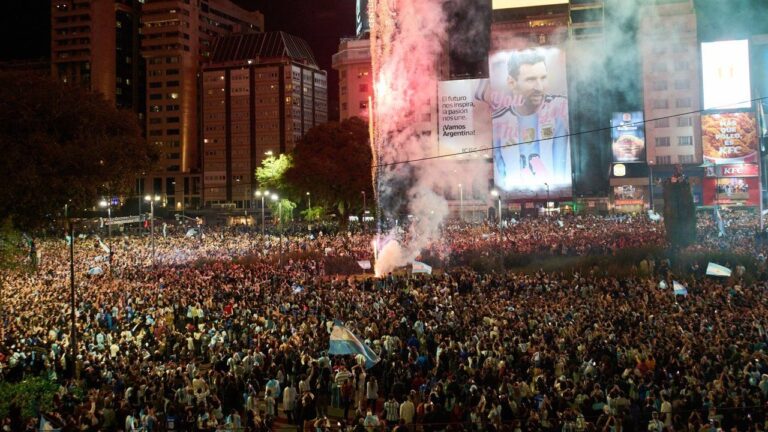 Fans celebrate Argentina's victory over England in a World Cup semifinal soccer match in downtown Buenos Aires, Argentina, Wednesday, July 15, 2026. (Rodrigo Abd/AP)