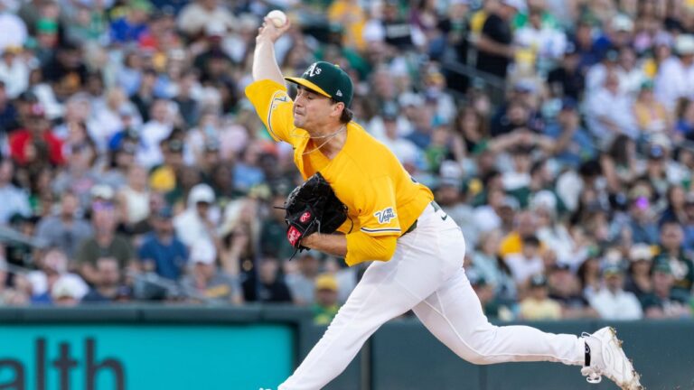 Athletics pitcher J.T. Ginn throws to the Washington Nationals during the second inning of a baseball game Saturday, July 18, 2026, in West Sacramento, Calif. (Sara Nevis/AP)