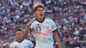 Belgium's Charles De Ketelaere (17) celebrates after scoring his side's opening goal during the World Cup round of 16 soccer match between the United States and Belgium in Seattle, Monday, July 6, 2026. (Maddy Grassy/AP)