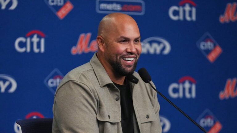 Carlos Beltran speaks during a news conference before a baseball game between the New York Mets and the Arizona Diamondbacks Tuesday, April 7, 2026, in New York. (Frank Franklin II/AP)