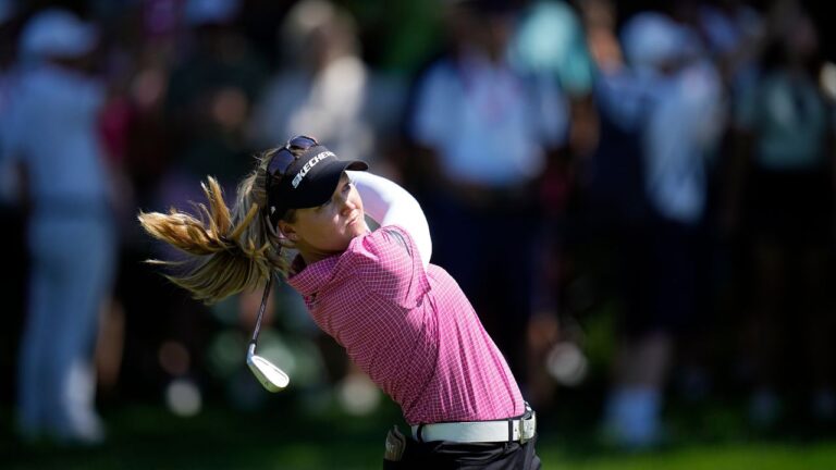 Brooke Henderson, of Canada, plays on the 18th hole during the Evian Championship women's golf tournament, in Evian, eastern France, Sunday, July 12, 2026. (Laurent Cipriani/AP)