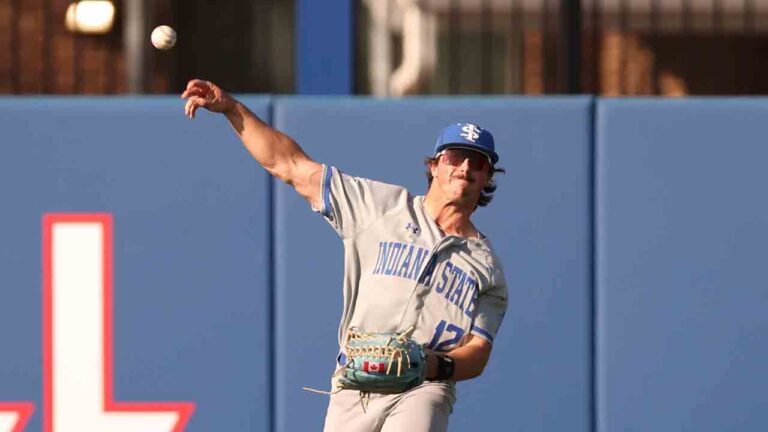 Indiana State Carter Beck (12) throws the ball during an NCAA baseball game on Friday, March 28, 2025, in Chicago. (Melissa Tamez/AP)